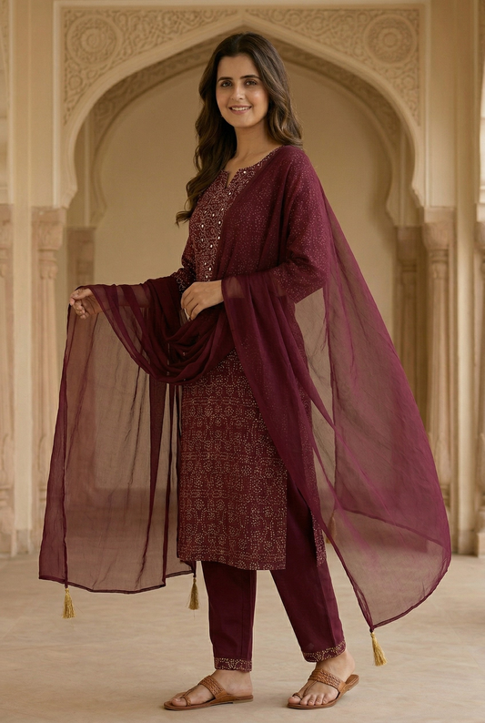 Rayon mix cotton wine kurta pant and chiffon dupatta (Copy)