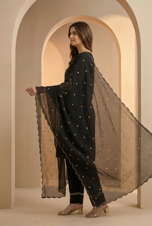 Black Gold Embroidered Cotton Kurta with Farsi Salwar Suit Set