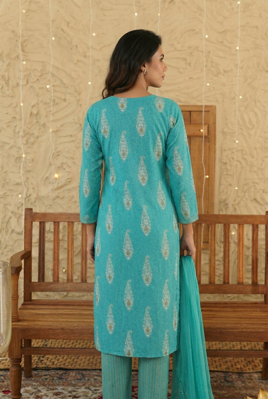 Turquoise Blue Paisley Cotton Kurta with pant and dupatta Set