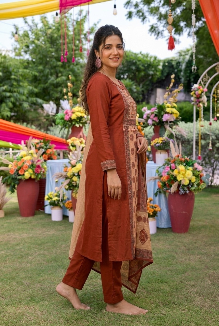 Premium Rust Ethnic Crepe Silk Suit