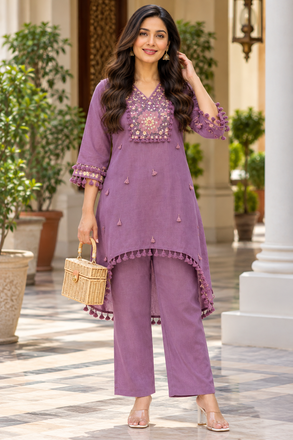 Women’s Embroidered Kurta Pant Set | Elegant Cotton-Blend Ethnic Co-Ord Set with Tassel Detailing | Casual & Festive Wear