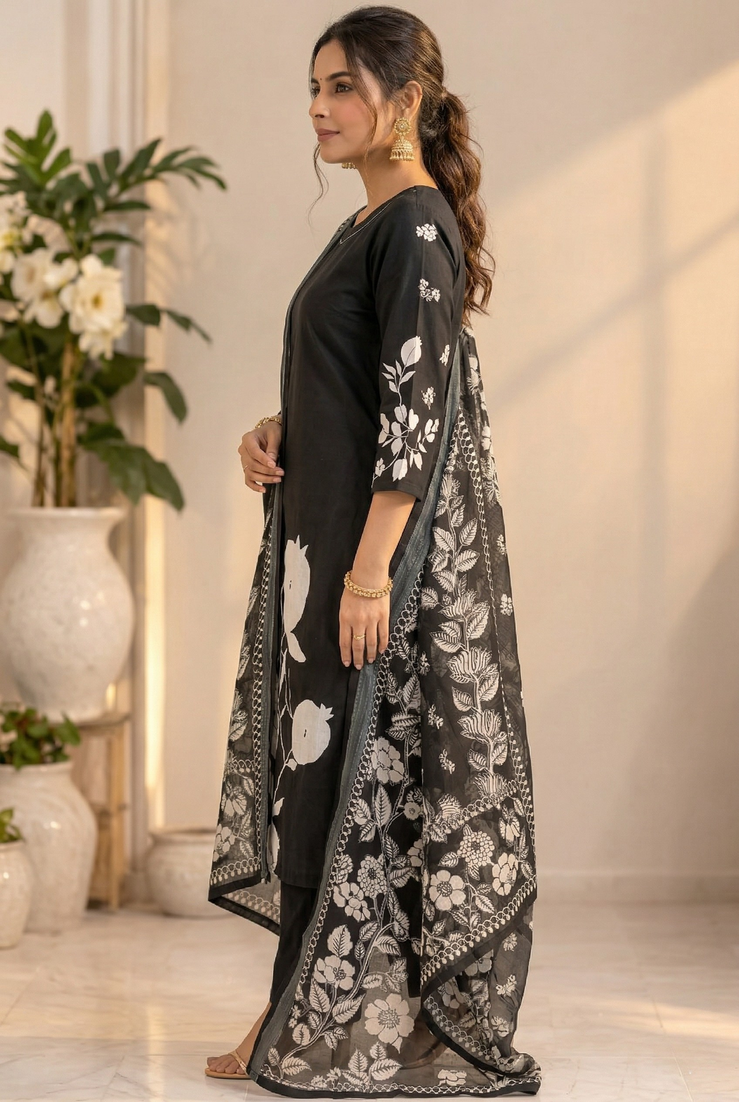 Women Black Cotton Kurta Set with Dupatta Floral Printed Kurta Pant Set Ethnic Wear for Women