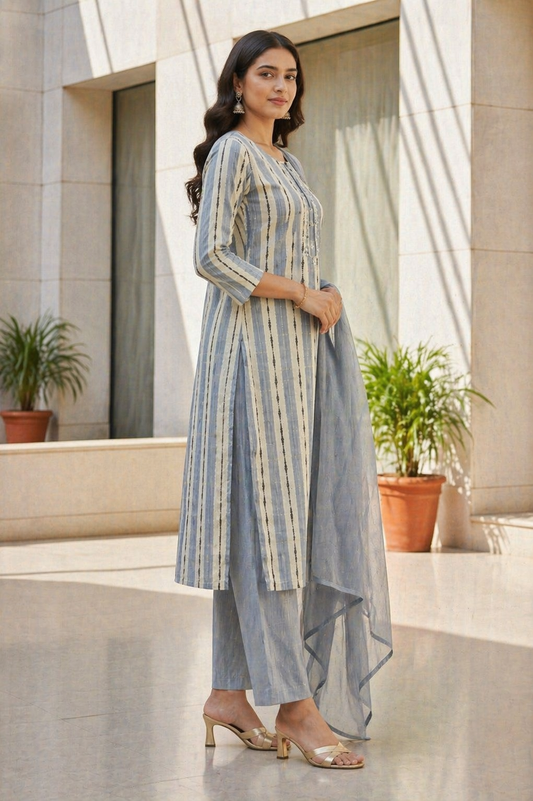 Grey Blue Cotton 3 Piece Kurta Set with Dupatta | Striped Straight Kurti Pant Set for Women