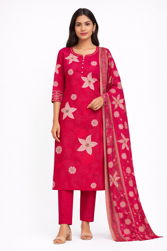 Hot Pink Floral Print Cotton Silk Kurta Set