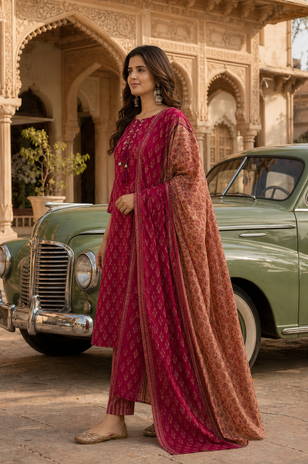 Women’s Pure Cotton Kurta Pant Dupatta Set | Magenta Pink Printed Ethnic Straight Kurti Set