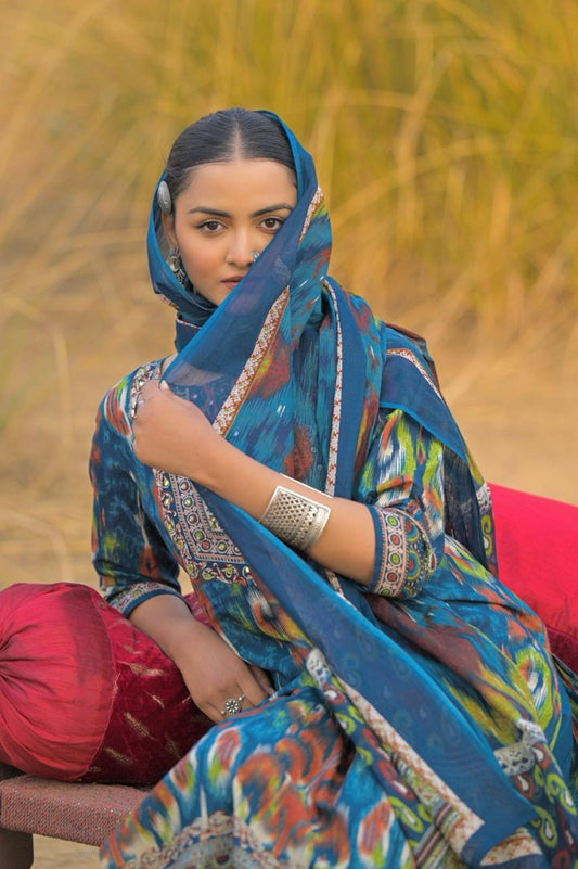 Teal Blue Ikat Print Pure Cotton Set