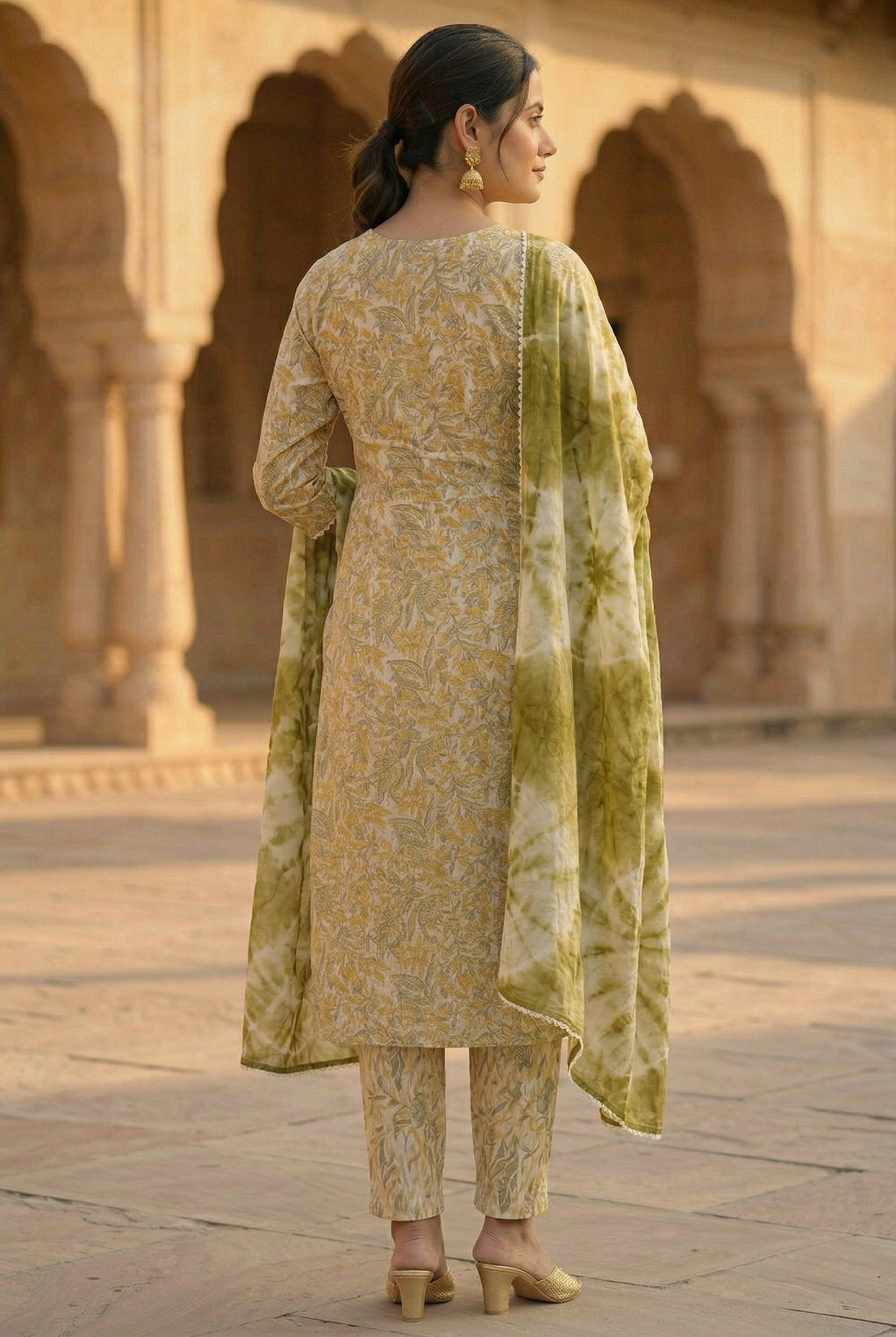 Olive Green & Beige Floral Rayon Cotton Kurta Set with Tie-Dye Dupatta