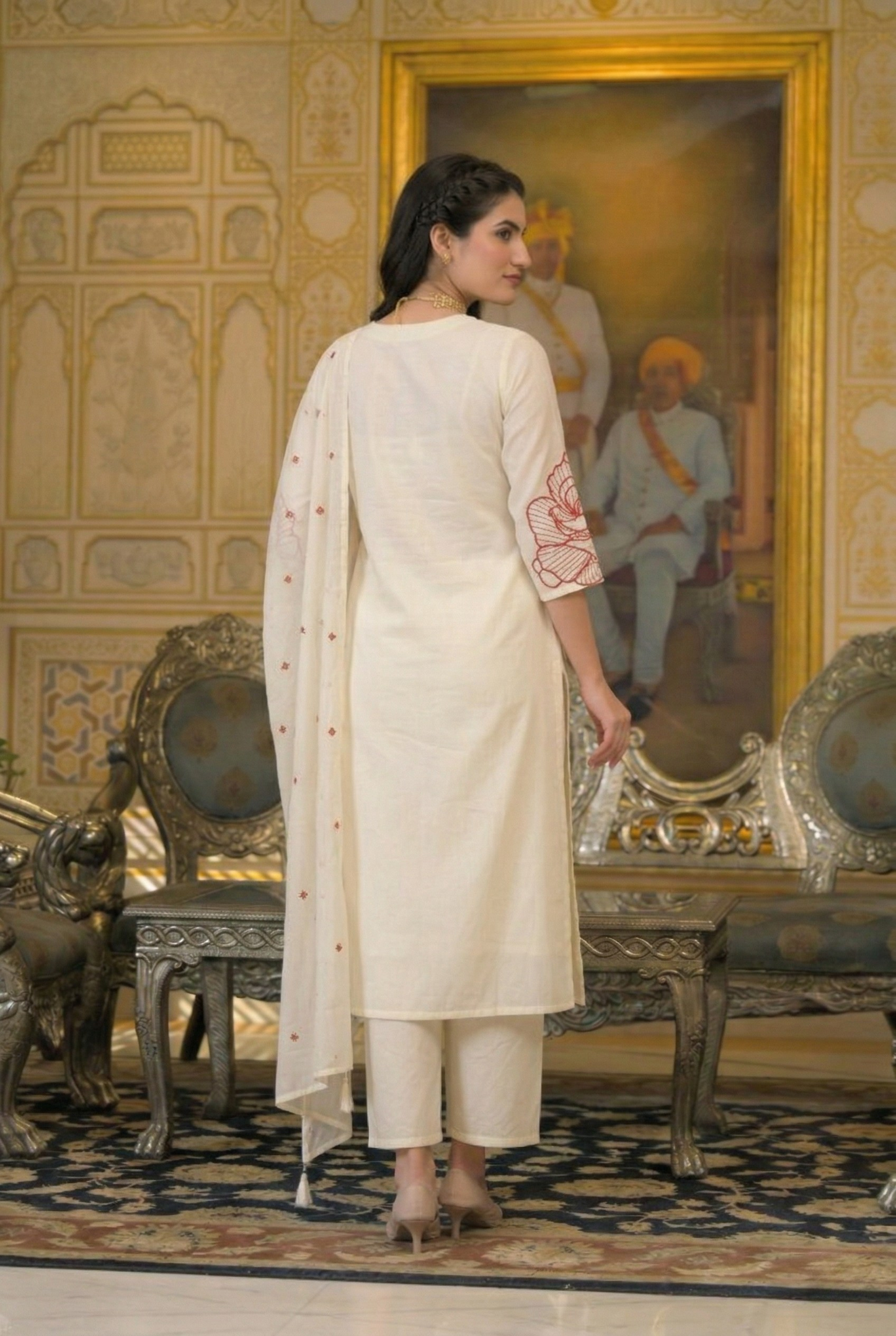 Premium Ivory & Rust Rose A-Line Cotton Suit Set