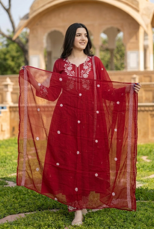 Premium Deep Maroon Pure Cotton Anarkali Suit Set
