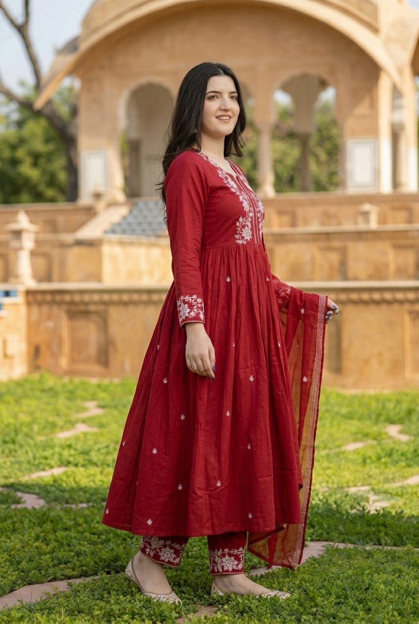 Premium Deep Maroon Pure Cotton Anarkali Suit Set