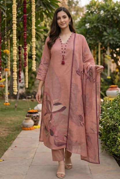 Dark peachcotton blend kurta and pant with pocket and dupatta