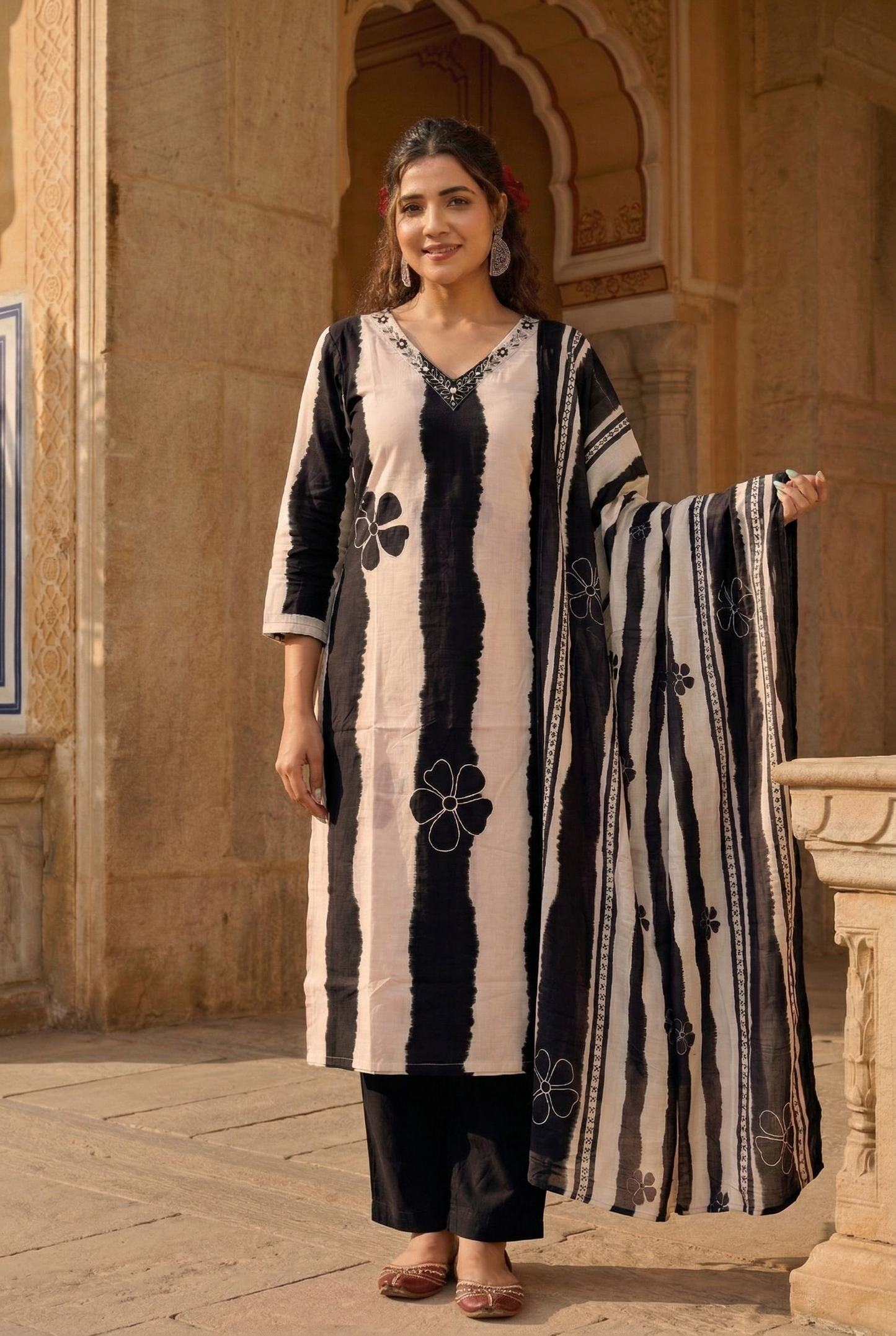 Title: Magenta Pink & White Tie-Dye Cotton Kurta Set with Floral Embroidery