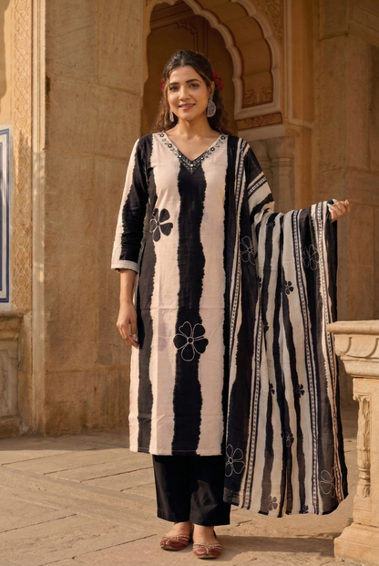Title: Magenta Pink & White Tie-Dye Cotton Kurta Set with Floral Embroidery
