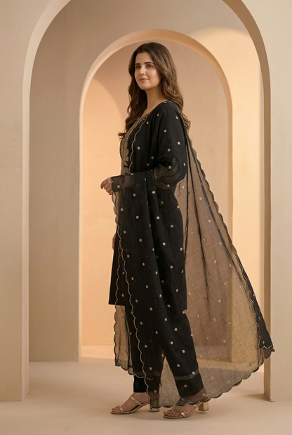 Black Gold Embroidered Cotton Kurta with Farsi Salwar Suit Set