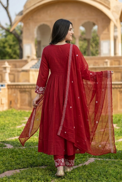 Premium Deep Maroon Pure Cotton Anarkali Suit Set