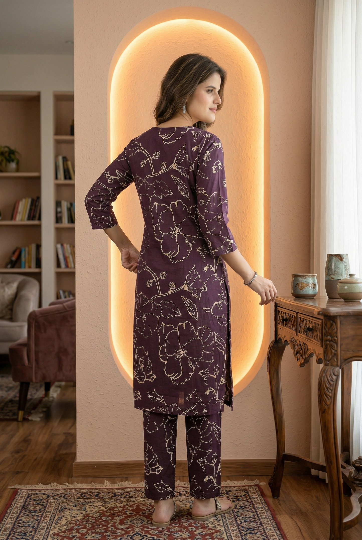 Pure cotton purple long co-ord set or kurta set