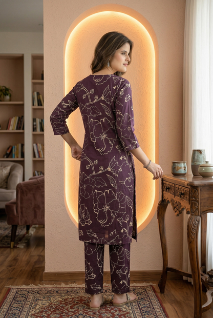 Pure cotton purple long co-ord set or kurta set