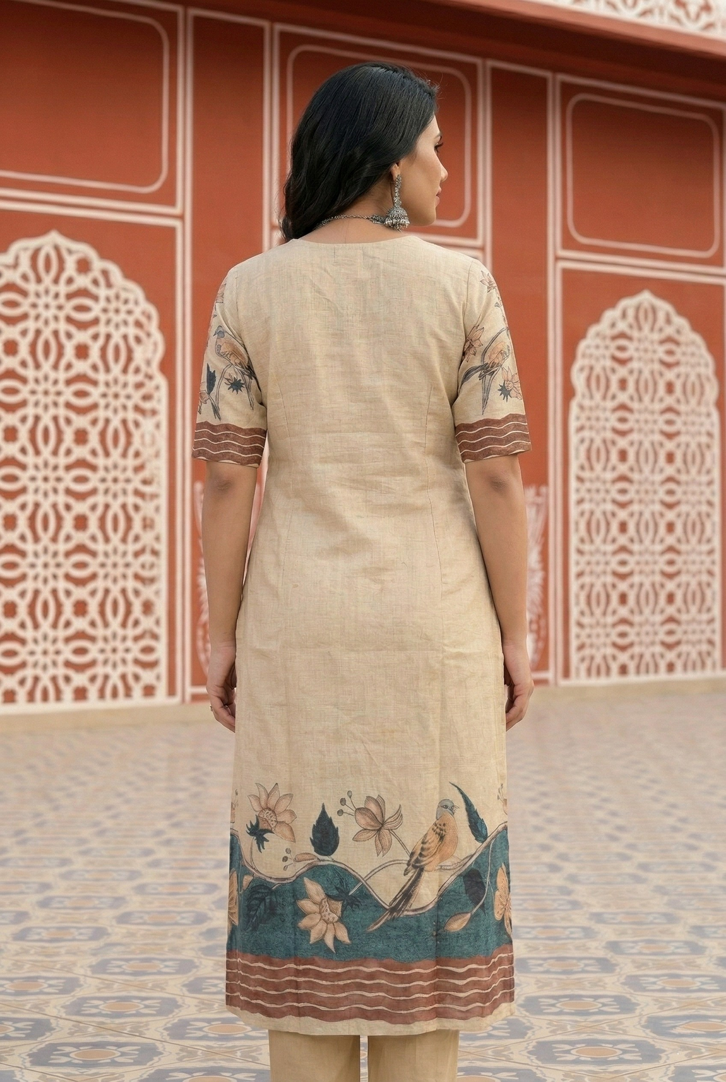 Beige Bird Print Chanderi Cotton Kurta Set