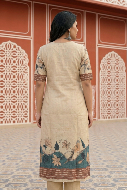 Beige Bird Print Chanderi Cotton Kurta Set
