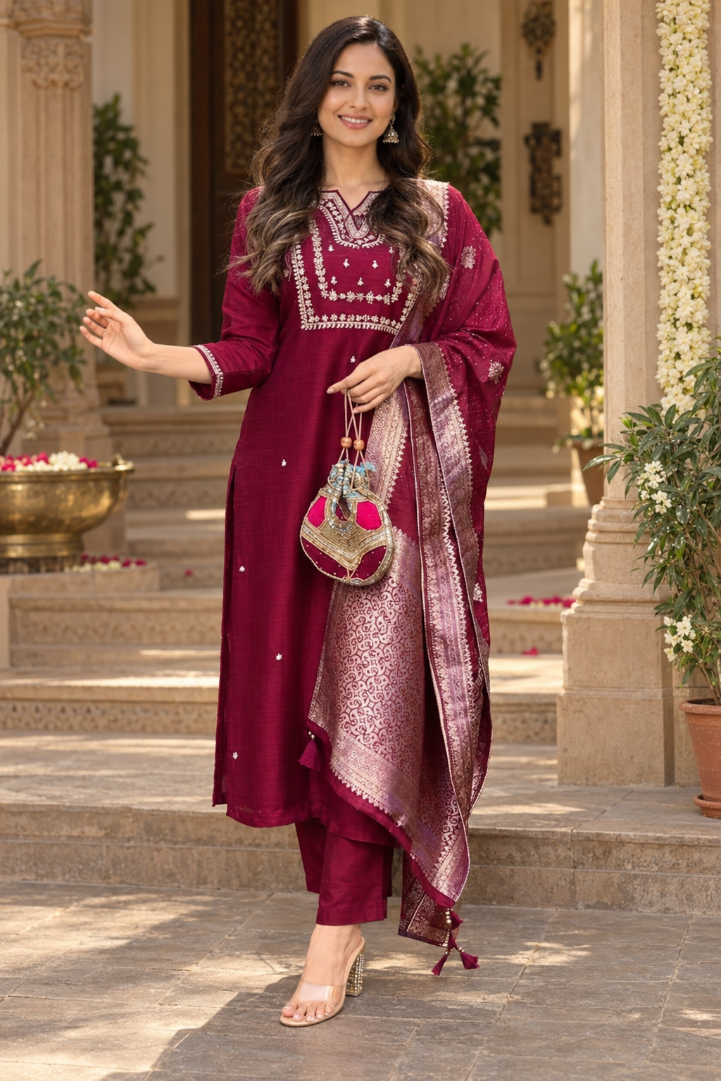 Women’s Wine Premium Rayon Embroidered Kurta Pant Set with Dupatta | Ethnic Wear Suit Set