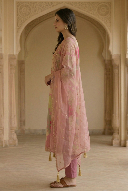 Premium Blush Pink Floral Silk Suit with Organza Dupatta