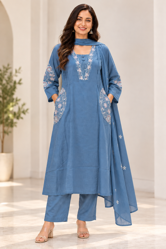 Women’s Blue Embroidered Kurta Pant Dupatta Set | 3 Piece Ethnic Suit Set