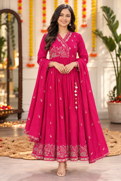Women’s Embroidered Anarkali Kurta Set with Dupatta – Orange & Hot Pink | Festive Ethnic Wear