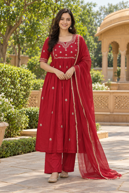 Red Embroidered Anarkali Kurta Set for Women | Premium Rayon | Ethnic Wear with Dupatta