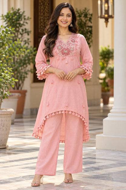 Women’s Embroidered Kurta Pant Set | Elegant Cotton-Blend Ethnic Co-Ord Set with Tassel Detailing | Casual & Festive Wear