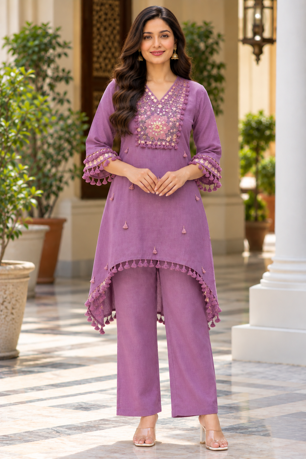 Women’s Embroidered Kurta Pant Set | Elegant Cotton-Blend Ethnic Co-Ord Set with Tassel Detailing | Casual & Festive Wear