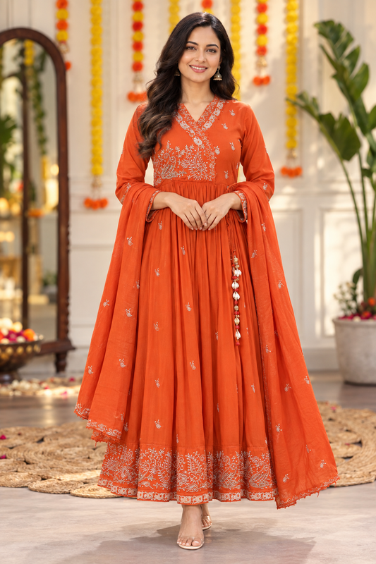 Women’s Embroidered Anarkali Kurta Set with Dupatta – Orange & Hot Pink | Festive Ethnic Wear