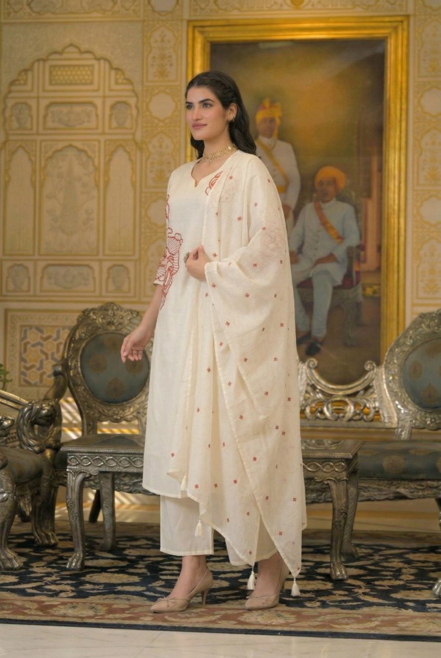Premium Ivory & Rust Rose A-Line Cotton Suit Set