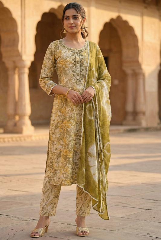 Olive Green & Beige Floral Rayon Cotton Kurta Set with Tie-Dye Dupatta