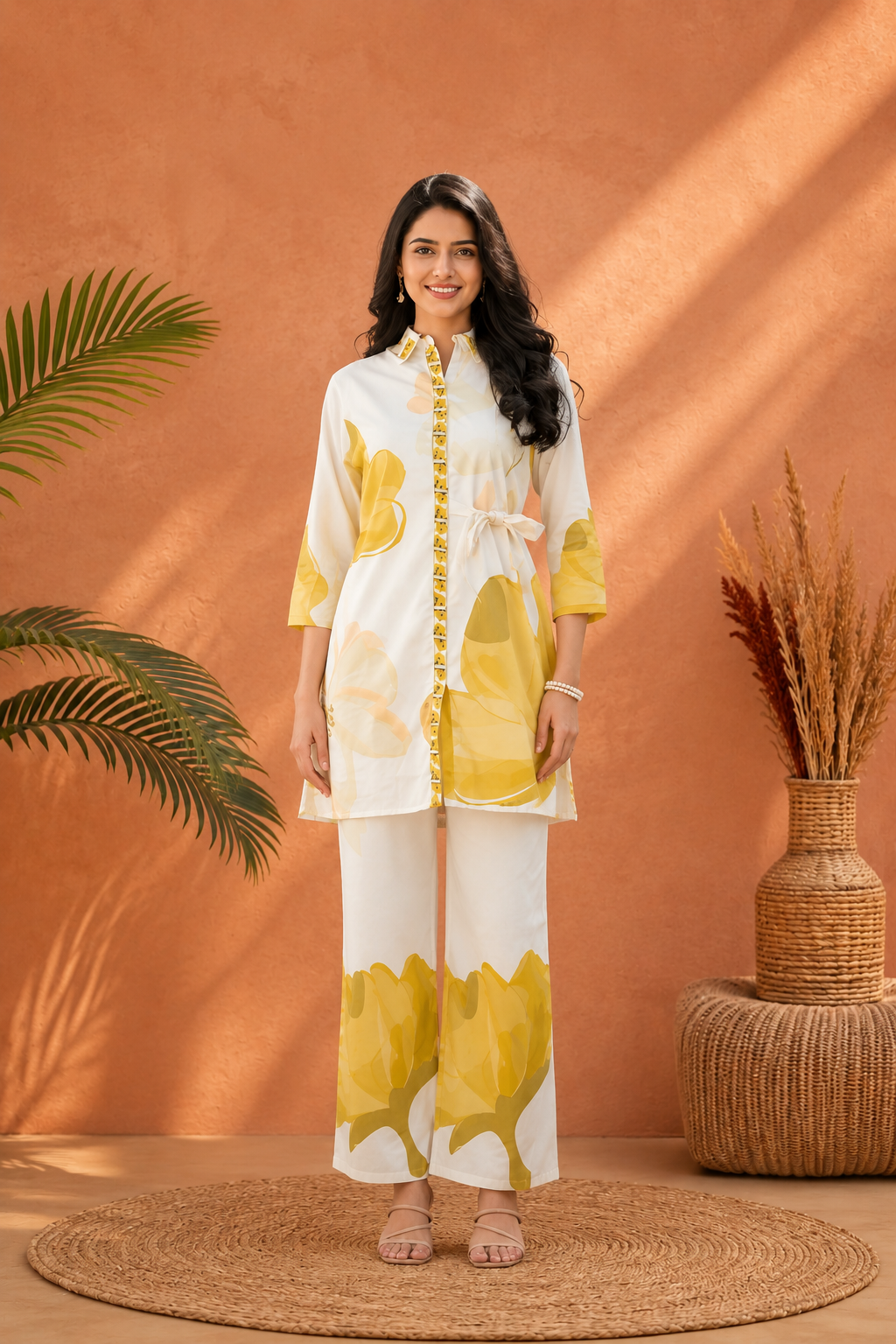 Women’s White & Yellow Floral Printed Co-Ord Set | Rayon Kurta with Wide-Leg Palazzo Pants | Stylish Casual Ethnic Wear Set