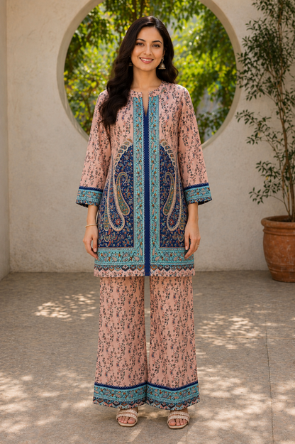 Women Peach Floral Printed Kurta Pant Set with Blue & Turquoise Paisley Print | 3/4 Sleeve Ethnic Wear Set