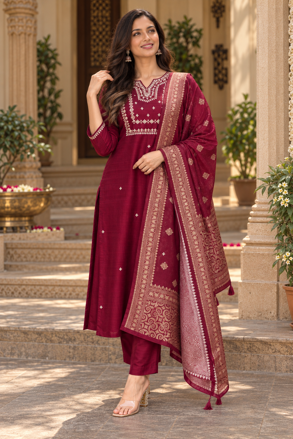 Women’s Wine Premium Rayon Embroidered Kurta Pant Set with Dupatta | Ethnic Wear Suit Set