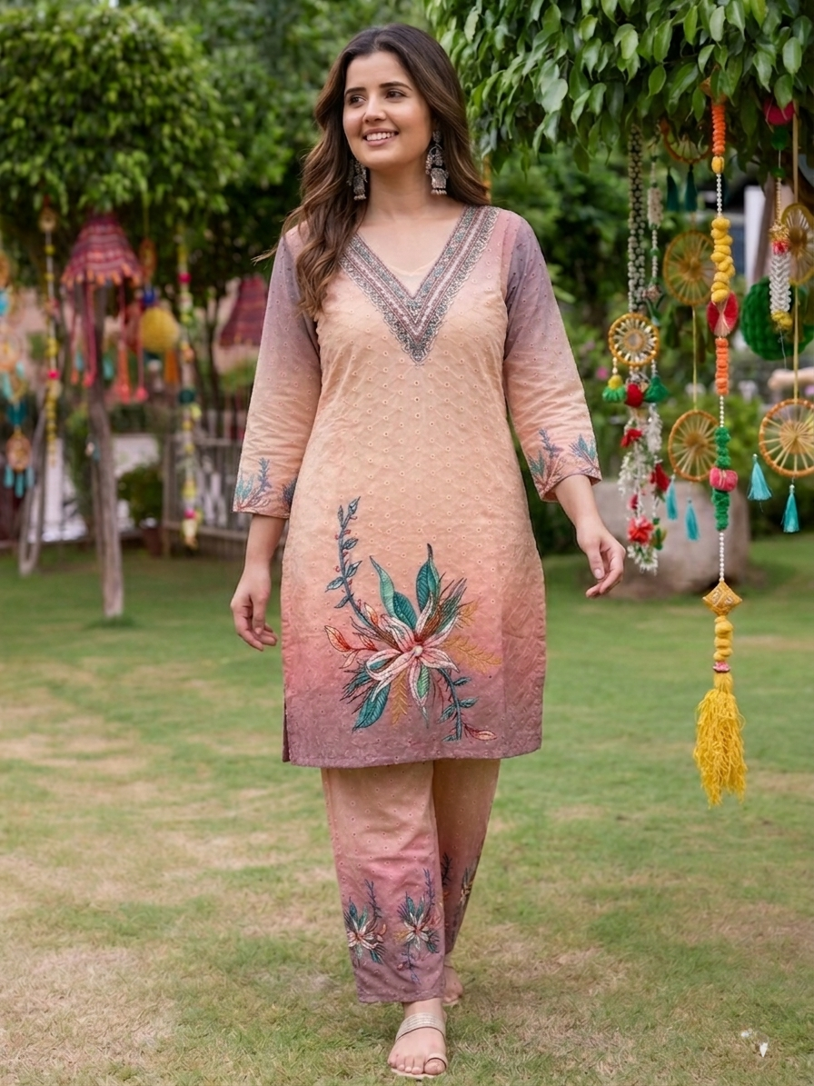 Peach and Mauve Embroidered silk Cotton Co-ord Set with Schiffli Work