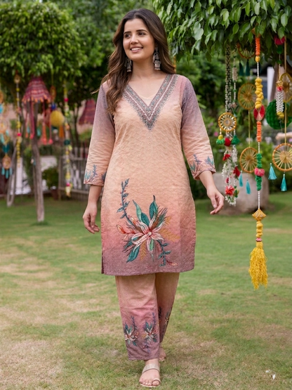 Peach and Mauve Embroidered silk Cotton Co-ord Set with Schiffli Work