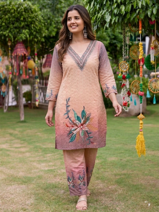 Peach and Mauve Embroidered silk Cotton Co-ord Set with Schiffli Work