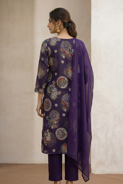 Deep Purple Mandala Print Embroidered Kurta Set