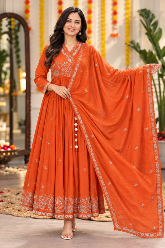 Women’s Embroidered Anarkali Kurta Set with Dupatta – Orange & Hot Pink | Festive Ethnic Wear