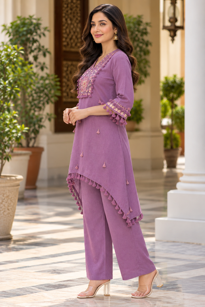 Women’s Embroidered Kurta Pant Set | Elegant Cotton-Blend Ethnic Co-Ord Set with Tassel Detailing | Casual & Festive Wear