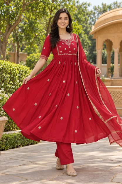 Red Embroidered Anarkali Kurta Set for Women | Premium Rayon | Ethnic Wear with Dupatta