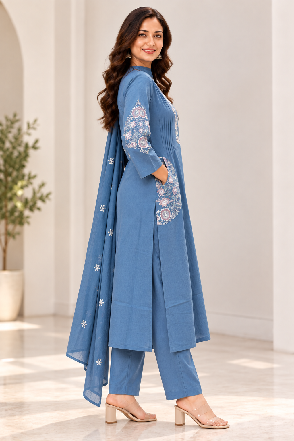Women’s Blue Embroidered Kurta Pant Dupatta Set | 3 Piece Ethnic Suit Set
