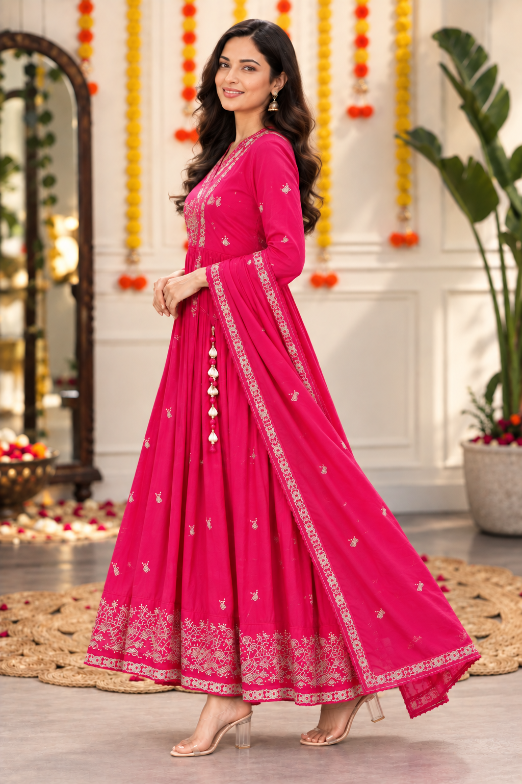 Women’s Embroidered Anarkali Kurta Set with Dupatta – Orange & Hot Pink | Festive Ethnic Wear