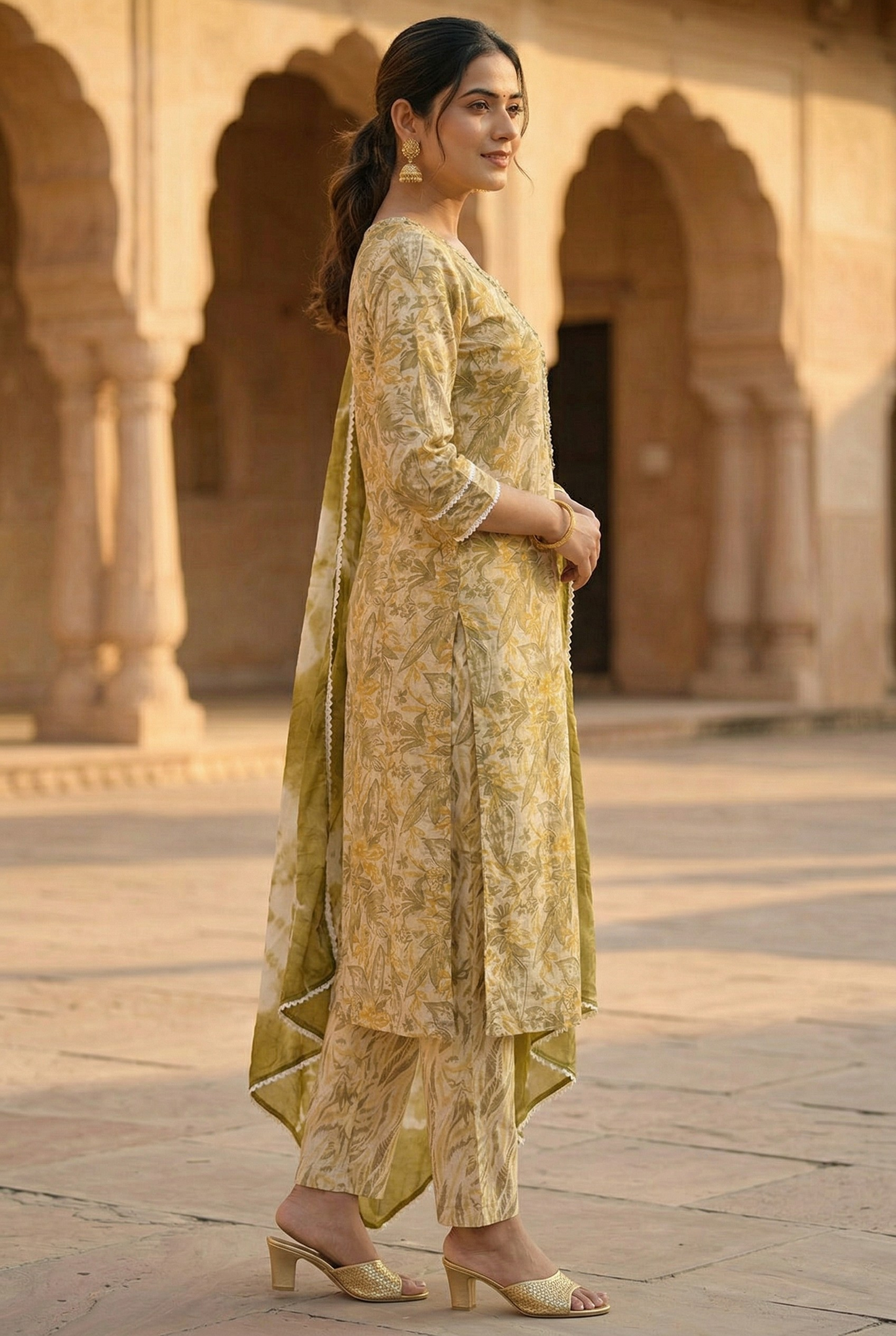 Olive Green & Beige Floral Rayon Cotton Kurta Set with Tie-Dye Dupatta
