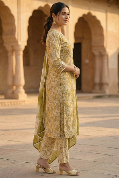 Olive Green & Beige Floral Rayon Cotton Kurta Set with Tie-Dye Dupatta