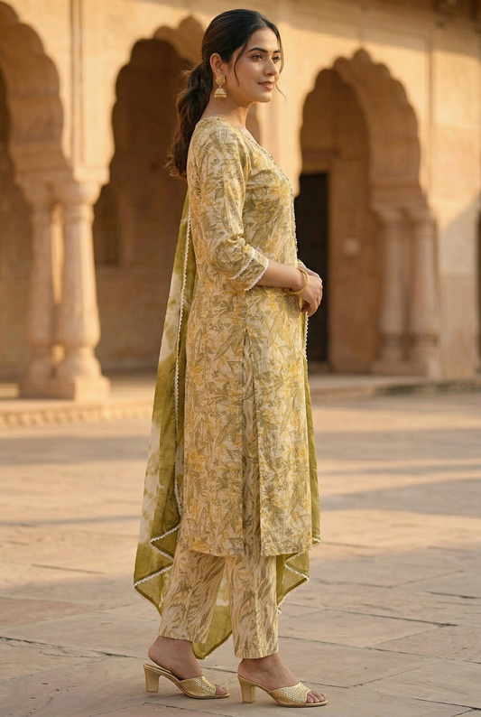 Olive Green & Beige Floral Rayon Cotton Kurta Set with Tie-Dye Dupatta