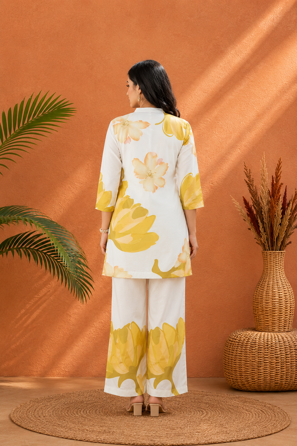 Women’s White & Yellow Floral Printed Co-Ord Set | Rayon Kurta with Wide-Leg Palazzo Pants | Stylish Casual Ethnic Wear Set