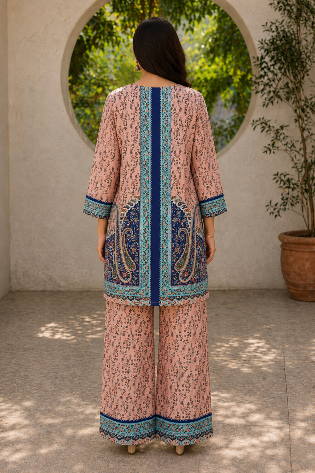 Women Peach Floral Printed Kurta Pant Set with Blue & Turquoise Paisley Print | 3/4 Sleeve Ethnic Wear Set